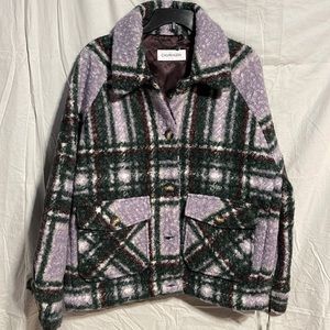 Calvin Klein Boucle Faux Fur Jacket Plaid Lavender Green Large New Shacket Nwt